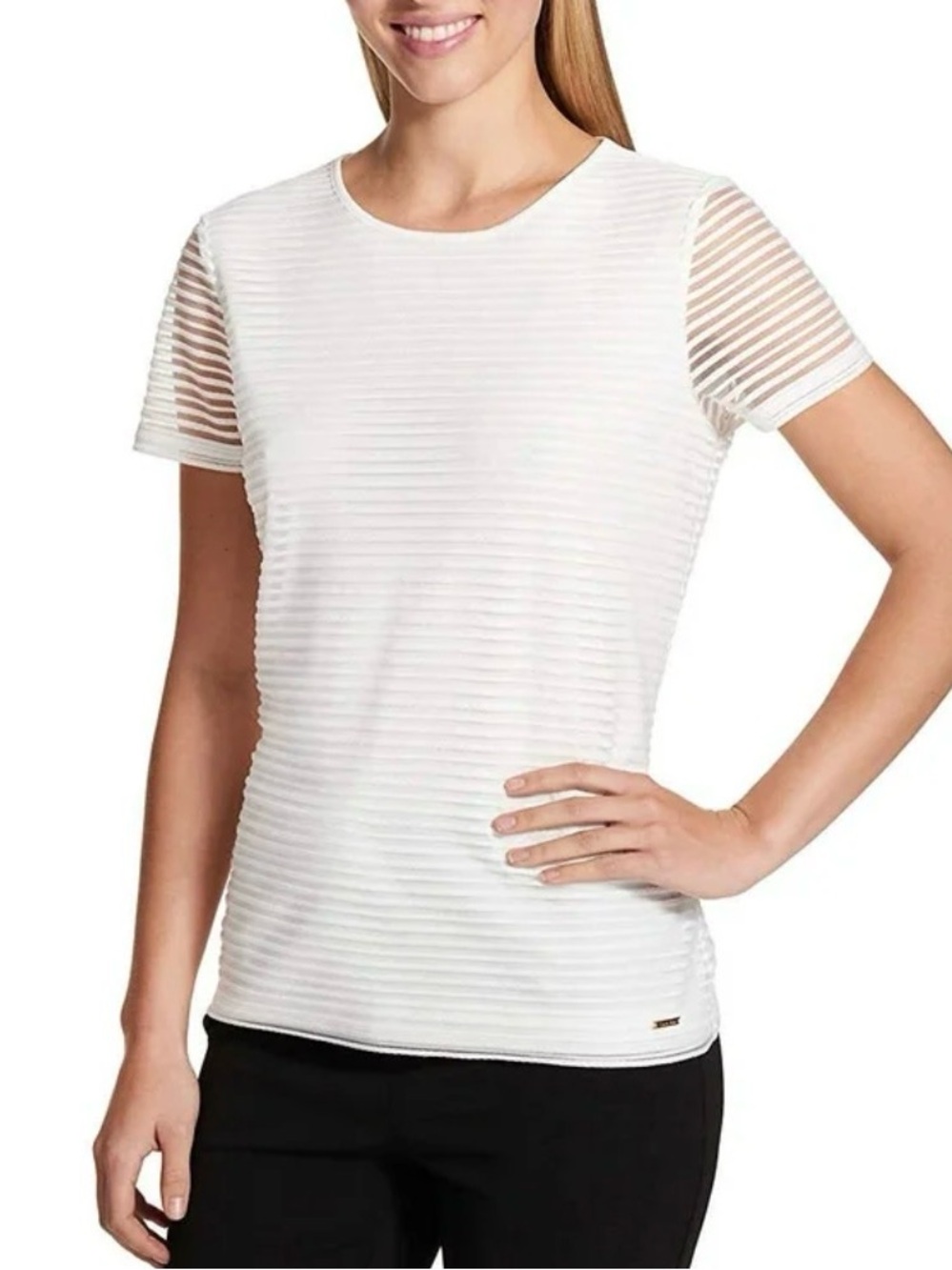 Calvin Klein White Sheer Stripe Over Solid Tank Short Sleeve Blouse Size Large